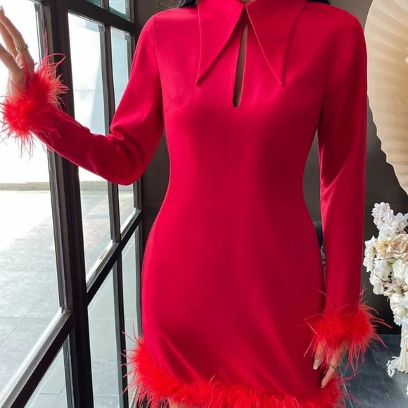 MODA ME COUTURE Dresses & Skirts - Red Preppy Womens Solid Fuzzy Trim Bodycon Dress